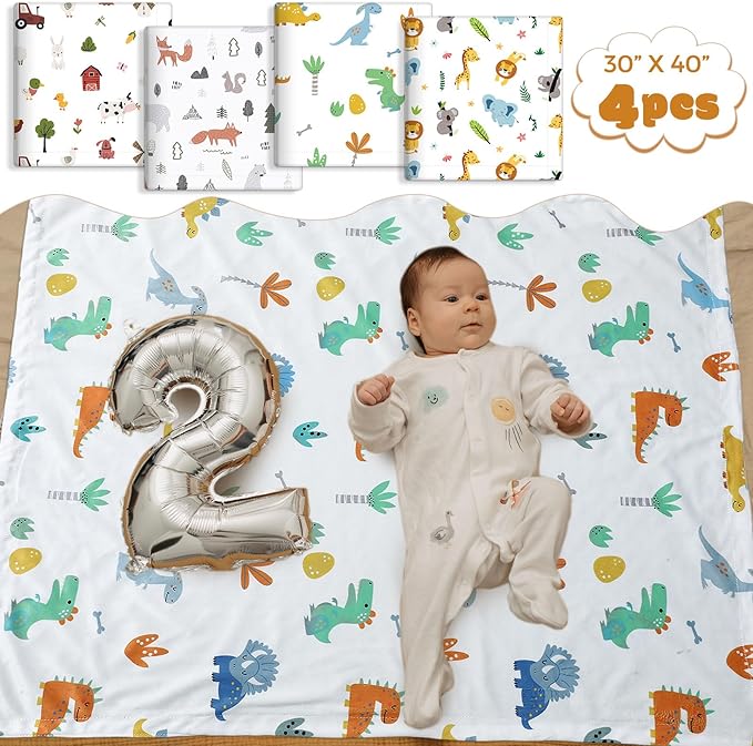 Tiamon 4 Pack Baby Blanket for Boys Girls 30 x 40 Inch Soft Double Layer Blankets with Dotted Backing Lovely Design Quilt for Unisex Toddler Newborn Forest Multicolor Printed (Animals)