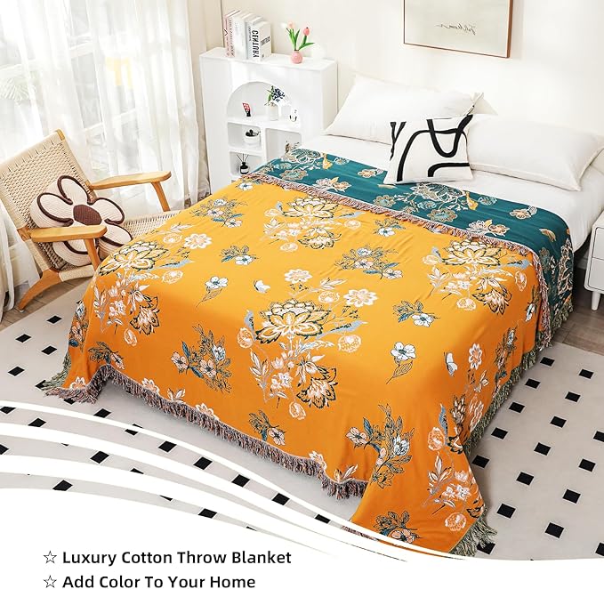 Boho Large Throw Blanket, 100% Organic Cotton Breathable Soft Bed Throw - Floral Bird Farmhouse Decor Blanket for Sofa Couch Chair Quilt and Gift. (Flower-Art, 91" x 98")