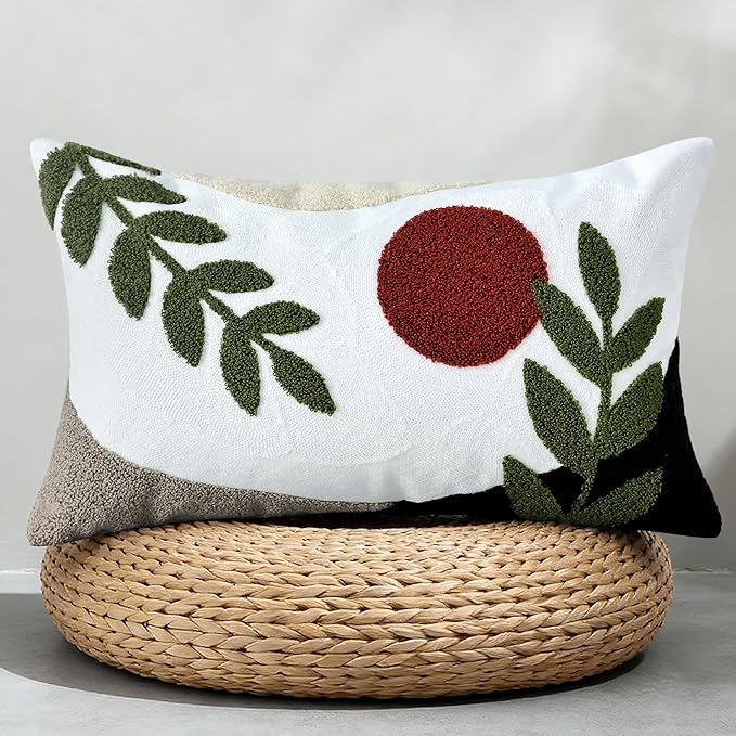 Boho Embroidered Throw Pillow Covers 12x20, Lumbar Decorative Pillow Covers Tufted Abstract Modern Leaf Sun Textured Couch Cushion Cases for Sofa Bed Living Room Decor (1PC, Black Red)