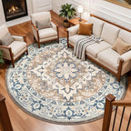 Lessymo 8FT Washable Round Area Rugs for Living Room, Non Slip Circle Rugs Low Pile Vintage Carpet for Bedroom, Dining Room, Nursery, Home Office, Brown Beige