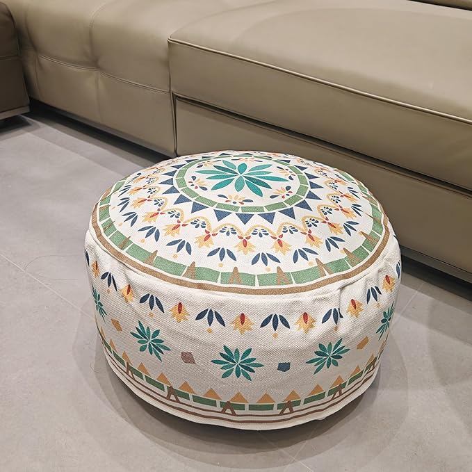 MOCOFO Round Bohemian Ottoman Pouf Cover, 18 Inch, Cotton Blend, Church Window Print, Living Room Storage Footrest, Cover Only (Green Diamond)