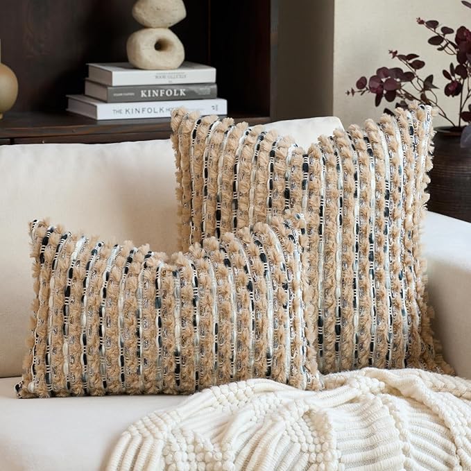 Aeckself Handmade Boho Chenille Tufted Pillow Cover 12x20 Inch, Rectangle Decorative Lumbar Throw Pillow Cover Neutral Pillowcase for Couch Bedroom Living Room, Brown Blue