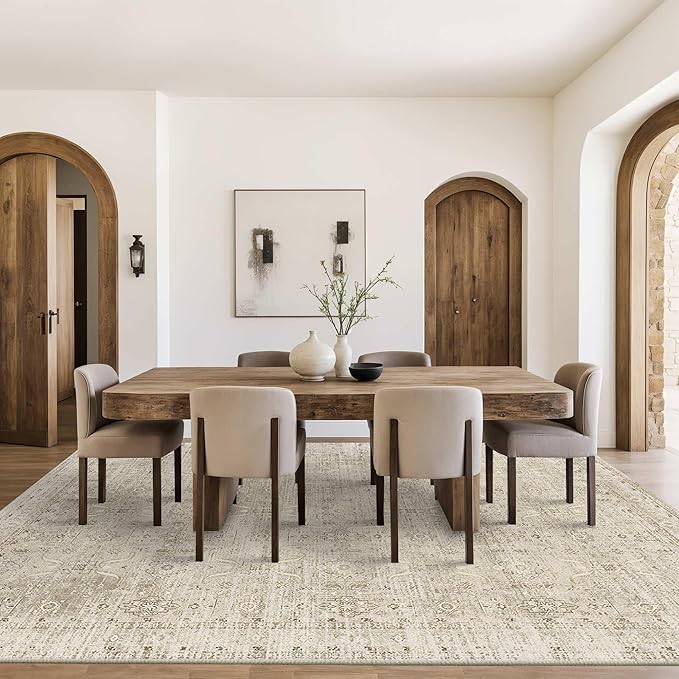 8x10 Area Rugs for Living Room Bedroom, Beige Large Washable Neutral Rug, Vintage Floral Retro Boho Non Slip & Low Pile Carpet for Indoor Dining Room, Classroom, Dorm, Nursery and Kids Room