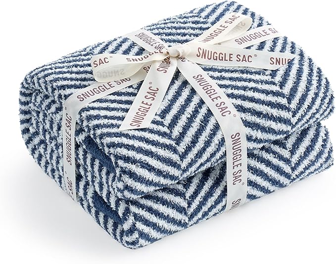 Snuggle Sac Herringbone Throw Blanket for Couch, Reversible Super Soft Warm Blankets Cozy Knit Fuzzy Plush Lightweight Throws for Sofa, Bed, Camping, Navy, 50x60 inches