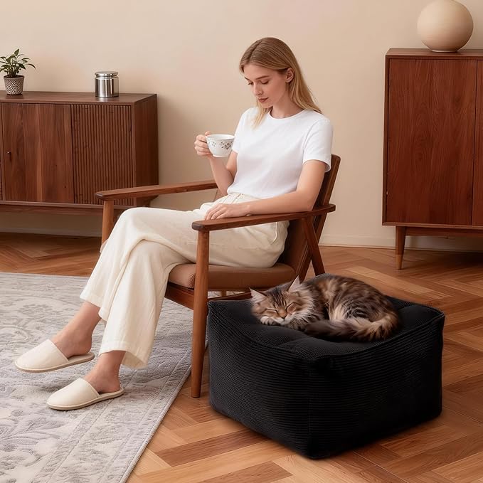Square Corduroy Pouf Ottoman, Soft Fluffy Foot Stool with Foam Chunk Filling, Floor Pouf & Storage Ottoman for Living Room, 21.7" x 21.7" x 14", Black