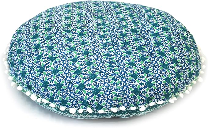 CRAFT KALA 22" IN Round Mandala Floor Pillow Cushion Cover Seating Throw Cover Hippie Decorative Bohemian Ottoman Poufs Cover Pom Pom Pillow Cases Boho Indian Cotton Living Room Home Décor Green Ombre
