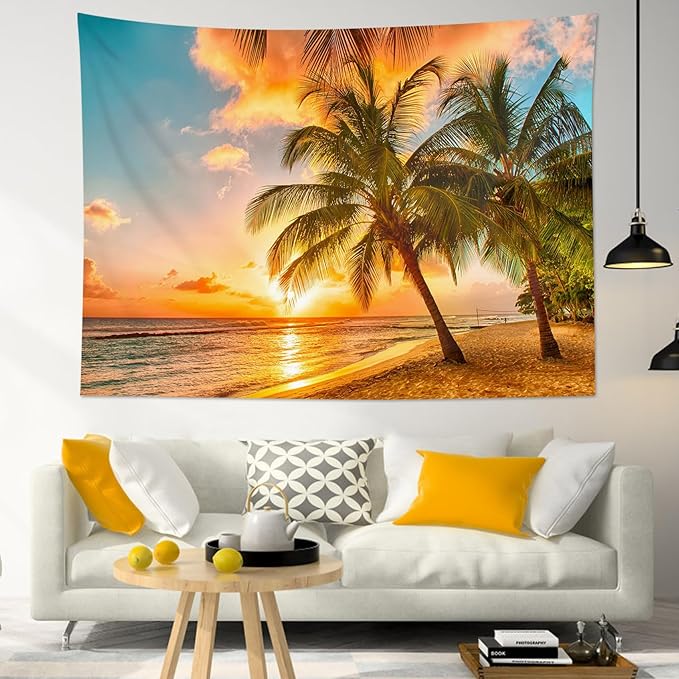HVEST Beach Palm Tree Tapestry Wall Hanging, Nature Sunrise and Sunset Scence Tapestry, Ocean Coastal Landscape Tapestry for Living Room Bedroom Aesthetic Decor, 51L x 59W Inches