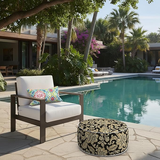 LVTXIII Indoor/Outdoor Inflatable Ottoman with Handle D21 x H9 Inch, Weather-Resistant Round Footstool Pouf for Patio Camping Living Room, Portable Footrest Extra Seating, Jacobean Black