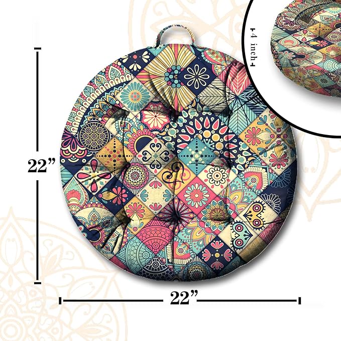 Mandala Meditation Cushion, Boho Meditation Mat, Meditation Pillows for Sitting on Floor, Cushions for Sitting in Home and Outdoor, Round Floor Pillows Cushion Seating for Yoga Accessories 22'' X 22''