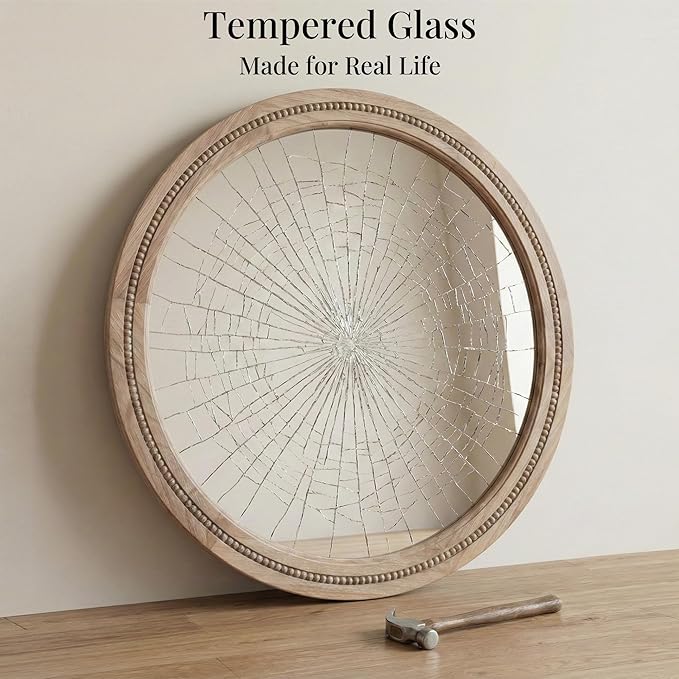 36" Large Round Wood Mirror for Living Room Fireplace, Big Solid Wood Wall Mirror - Oversized Boho Beaded Circle Mirror for Entryway Console & Dining Room