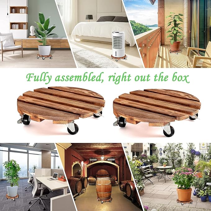 HOHY 2-Pack 12" Plant Caddy Plant Stand with Wheels Heavy Duty Wood Rolling Plant Stand with 2 360° Lockable Wheels,Indoor Outdoor Plant Roller for Large Planters, Flower Pot, Patio