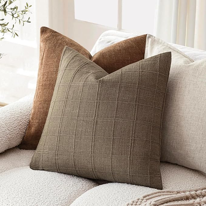 Foindtower Set of 2 Decorative Linen Check Throw Pillow Covers Neutral Farmhouse Vintage Cushion Covers Modern Boho Home Decor for Sofa Chair Couch Bedroom Living Room,16×16 Inch,Light Brown