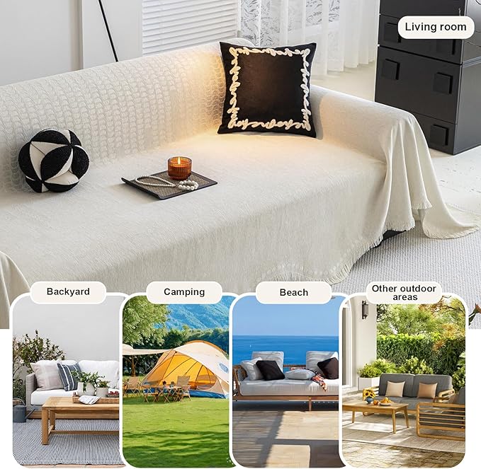 ROOMLIFE Boho White Couch Cover for Dogs, Washable Non Slip Furniture Protector Couch Sofa Covers for 3 Cushion Couch, Soft Chenille Couch Cover Throw Blanket with Tassels 71''X118''