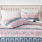 Boho Style King Quilt Set Pink Bohemian Floral Strip Quilt Beddding Set, Soft and Lightweight Bedspread for All Season, Oversize King Bed Coverlet with 2 Matching Pillow Shams (3 Pieces)
