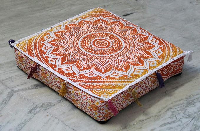 ICC Large Square Cotton Mandala Cushion Cover Hippie Ottoman Pouf Cover Daybed Floor Pillow Cover with Heavy Duty Zipper Seating Ottoman Poufs Dog-Pets Bed (Yellow/ Orange Ombre, 18" Square)