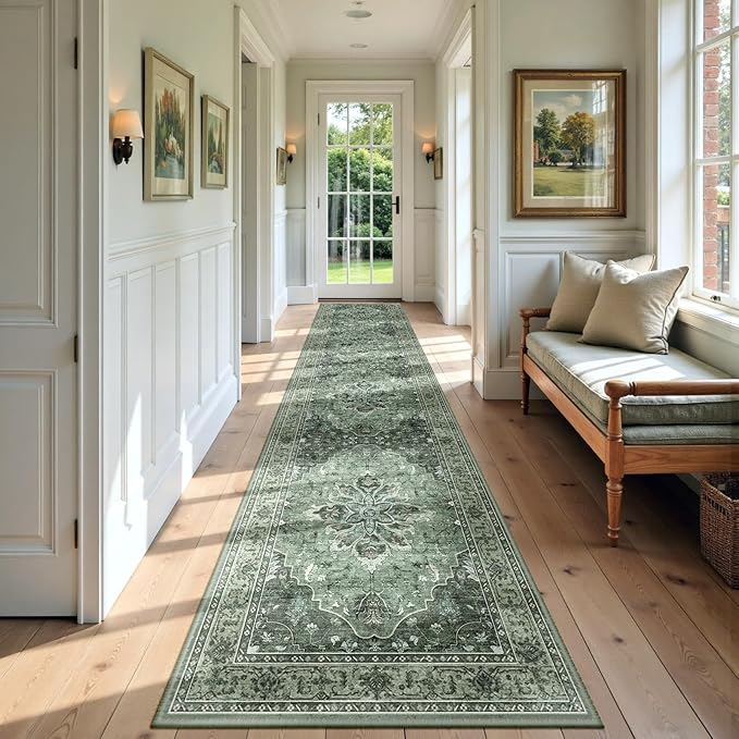 Area Rugs 3'x9' Runner Rug Non Slip Washable for Kitchen Hallway Bedroom Beside Laundry Room Bathroom Rug, Floor Carpet, Dark Green Gray
