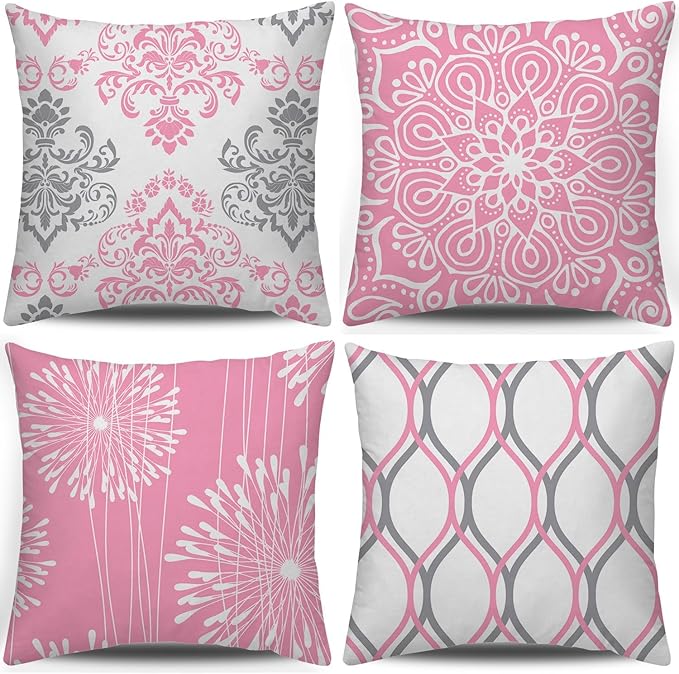 Coliuso Decorative Throw Pillow Covers 18x18 Set of 4, Pink and White Modern Simple Square Pillow Case Cushion Cover for Sofa Couch Farmhouse Living Room