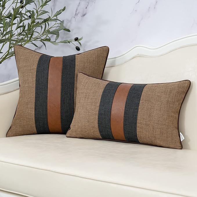 Yangest Patchwork Pillow Cover 20x20 Inch Luxury Cotton and Linen Cushion Cover Faux Leather Pillowcover for Couch Bedroom Living Room, Brown