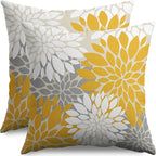 Yellow White Grey Gray Pillow Covers 24X24 Inch Set of 2, Modern Dahlia Floral Print Decorative Throw Pillow Covers Outdoor Farmhouse Cushion Case for Home Couch Sofa Bed Decoration
