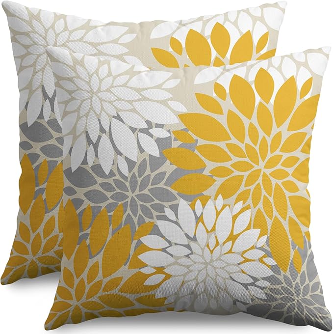 Yellow White Grey Gray Pillow Covers 22X22 Inch Set of 2, Modern Dahlia Floral Print Decorative Throw Pillow Covers Outdoor Farmhouse Cushion Case for Home Couch Sofa Bed Decoration