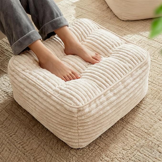 Square Pouf Ottoman, Boho Stuffed Furry and Fluffy Poufs Ottoman Foot Rest with Memory Foam Filled 25.7 x 15.7 inches Modern Corduroy Foot Rest Stool for Living Room, Beige