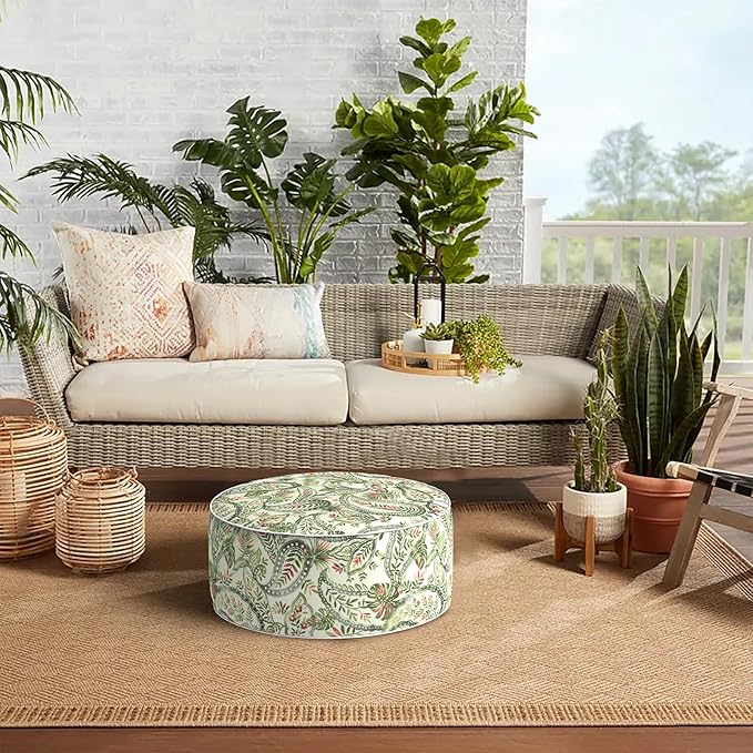 Indoor/Outdoor Inflatable Ottoman D21 x H9 inch, Round Footstool Inflatable Foot Rest Ottomans with Handle, Portable Ottoman Pouf for Patio, Garden, Camping, Home,Faylinn Shadow Paisley