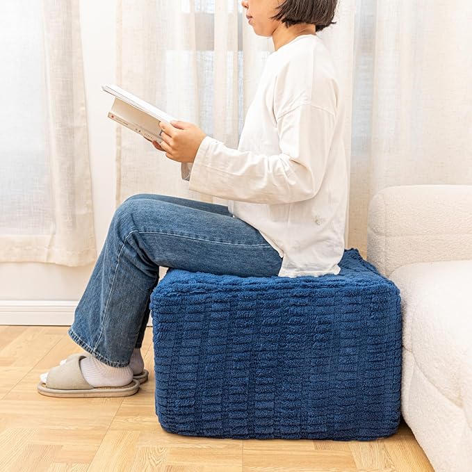 Asuprui Round Square Pouf Ottoman Foot Rest – Lightweight Modern Footstool with Plush Foam Filling, Perfect for Living Room Decor & Cozy Comfort – 20x20x14 Inch Chic Accent Piece (Navy Blue)
