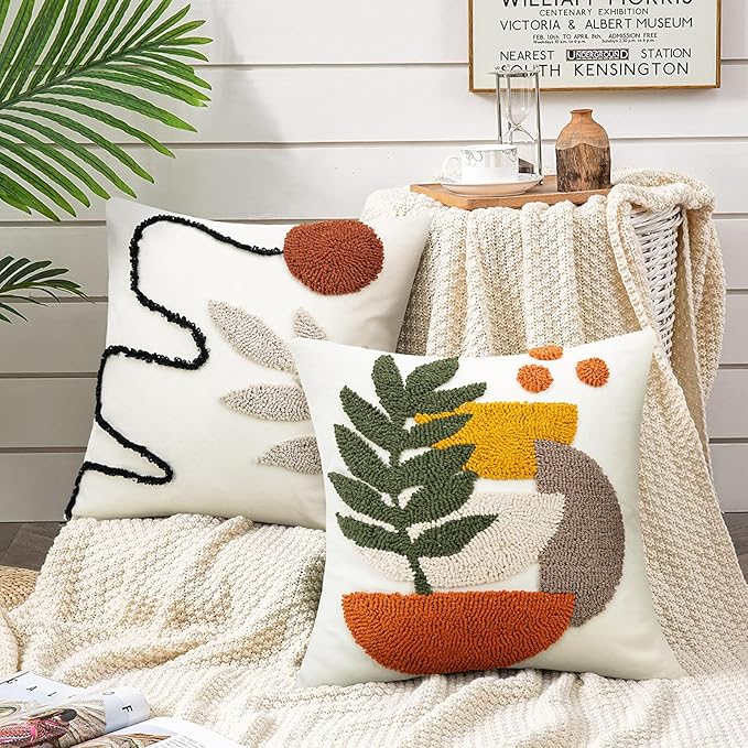 Merrycolor Boho Decorative Throw Pillow Covers Abstract Tufted Mid Century Modern Throw Pillows Green Leaf Sun Aesthetic Textured Pillow Cover Decorative Throw Pillows for Bed Couch Sofa,18x18