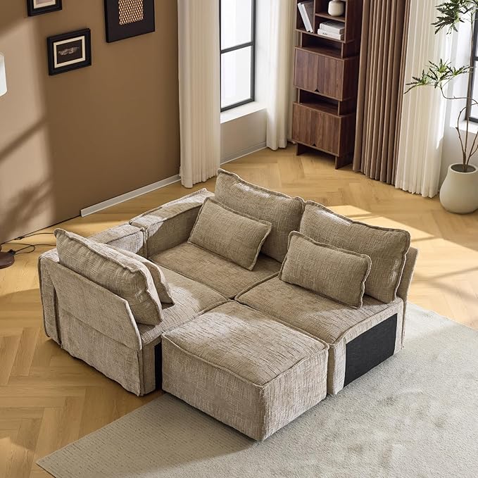 VINGLI 111" Convertible Modular Sectional Sofa,Comfortable L Shaped Reversible Couch with Ottoman, Removable 3 Seater Boneless Modern Couch, Durable Chenille Cloud Sofa for Living Room,Khaki