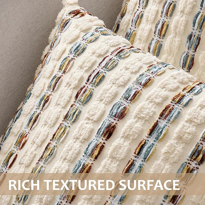 ANRODUO Boho Chenille Pillow Covers with Textured Tufted Stripes 18x18 Inch Set of 2 Woven Decorative Cushion Case Farmhouse Accent Neutral Pillowcase for Couch Sofa Bed Living Room Decor, Brown White