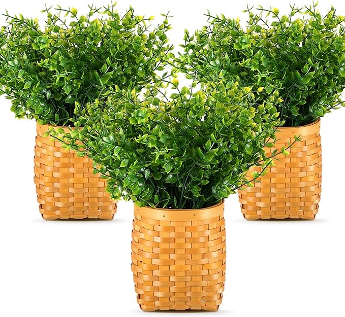 3 Pack Wall Hanging Wicker Basket with Artificial Eucalyptus Farmhouse Woven Storage Organizer Wood Flower Plants Basket Rustic Wall Decor for Porch Living Room Bedroom Entryway