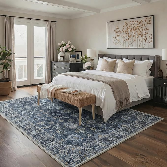 GENIMO Area Rug 2x3 Doormat, Machine Washable Low Pile Rugs, Small Retro Chenille Entryway Mat for Entrance, Hallway, Kitchen and Corridor, Distressed Navy Blue