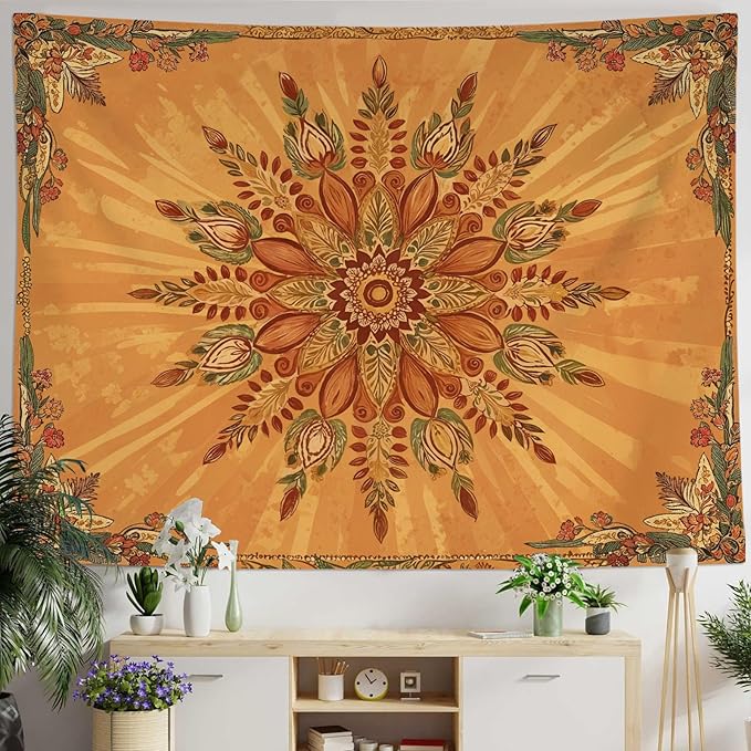 Accnicc Boho Floral Mandala Tapestry for Bedroom Bohemian Flower Wall Tapestry Aesthetic Extra Large Vintage Orange Hippie Indian Tapestries Wall Hanging for Living Room Dorm Decor 90 x 68 Inch
