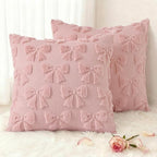 decorUhome Pink Bow Pillow Covers Set of 2 Coquette Aesthetic Cute Preppy Plush Faux Pillowcases for Girly Bedroom or Couch 18x18 Inch