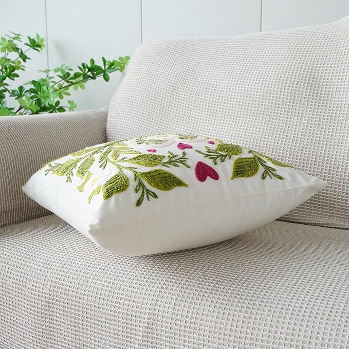 vctops Heart Flower Embroidered Decorative Throw Pillow Cover Spring Summer Floral Square Pillow Cases Cute Cotton Cushion Cover for Couch Sofa Bed (Flower E,18"x18")