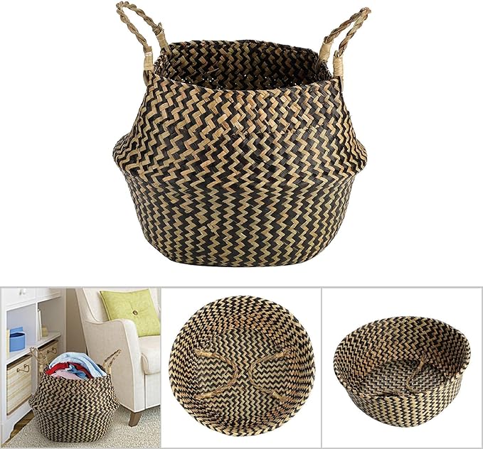 1Pc Woven Seagrass Belly Basket for Storage, Laundry, Picnic, Plant Pot Cover, and Grocery and Toy Storage (Black (Wavy Pattern))