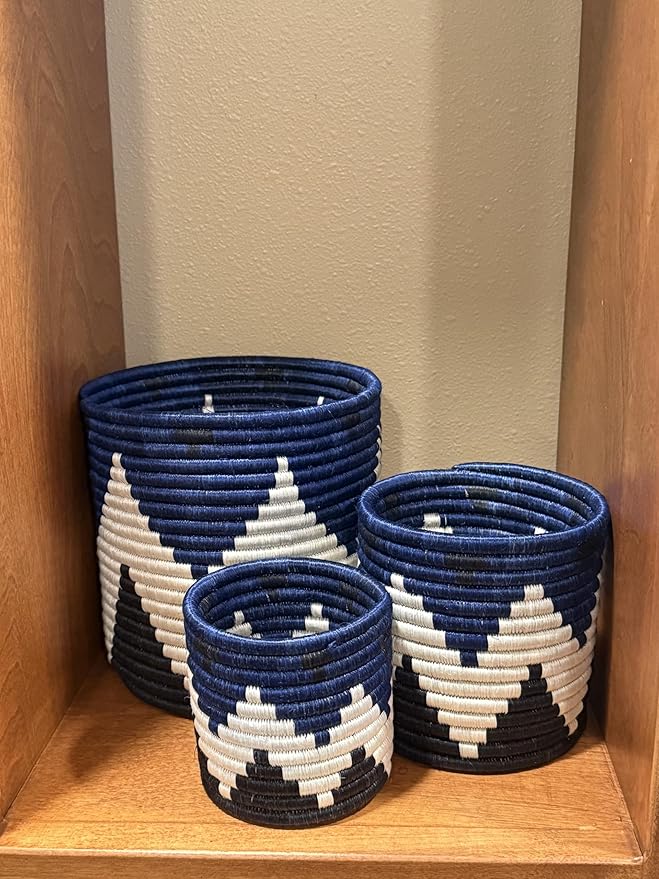 Handwoven African Planter Baskets (Set of 3) Sisal basket for Indoor Plant Pots Vase Home decor Storage Organizer Zen Designs Arts and Crafts (Geometric Blue and Black)