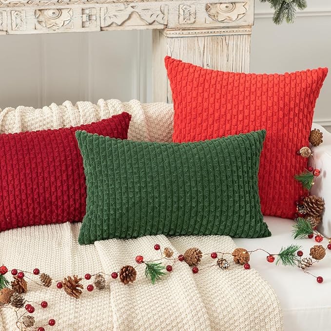 Kevin Textile 14x24 Inch Pillow Cover 1 Pack Boho Christmas Decorative Soft Striped Corduroy Lumbar Farmhouse Color Accent Rectangle Cushion Case for Living Room Couch Sofa Bed, Dark Green