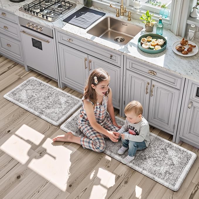 KIMODE Anti Fatigue Kitchen Mats, 2 PCS Cushioned Kitchen Rugs and Mats, Waterproof Kitchen Floor Mats Non Slip, Boho Comfort Foam Standing Mat for Laundry, Office, Sink, Grey Brown 17"x47"+17"x29"