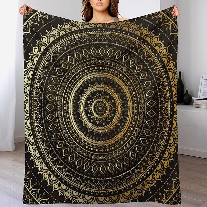 Black Gold Mandala Throw Blanket Boho Indian Hippie Vintage Abstract Bohemian Flower Blanket for Sofa Bed Couch Chair Or Dorm 40"x50"