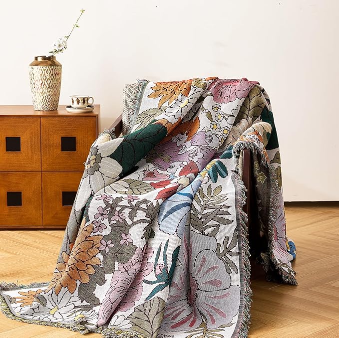 Boho Throw Blanket for Couch Cover, 100% Handwoven Cotton Southwestern Farmhouse Floral Decor Reversible Blanket, All Season Throw for Sofa Bed Tapestry Outdoor Camping Picnic. 91″×98″