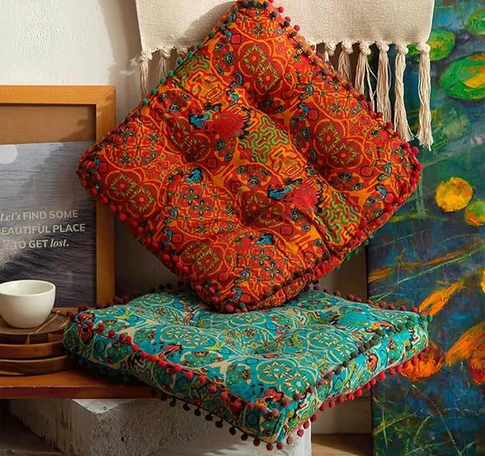 Meditation Floor Pillow, Large Pillows Seating, Bohemian Cushion for Fireplace Yoga Living Room Sitting(Size:42x42x6cm,Color:Moroccan Square mat - Orange)
