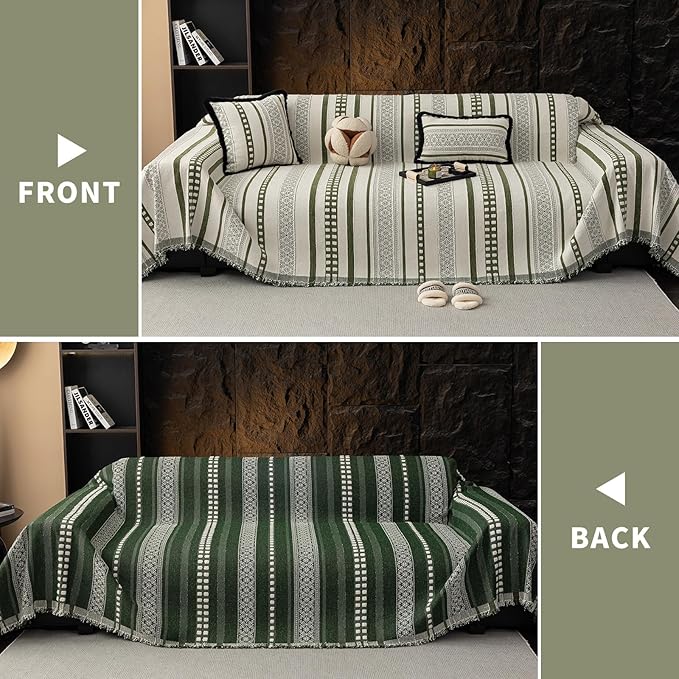 Striped Couch Cover Blankets, Boho Couch Covers, Sofa Blanket Cover for Dogs, Large Couch Covers for Loveseat Sofa, Chenille Sofas Covers Washable Sectional(1pc/Green/71 x 118")