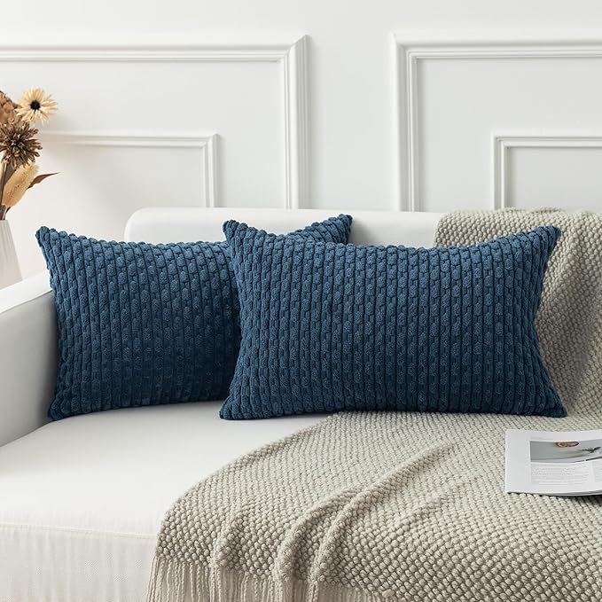 Kevin Textile 14x24 Inch Pillow Cover 1 Pack Boho Decorative Soft Striped Corduroy Lumbar Farmhouse Solid Color Accent Rectangle Cushion Case for Living Room Couch Sofa Bed, Blue
