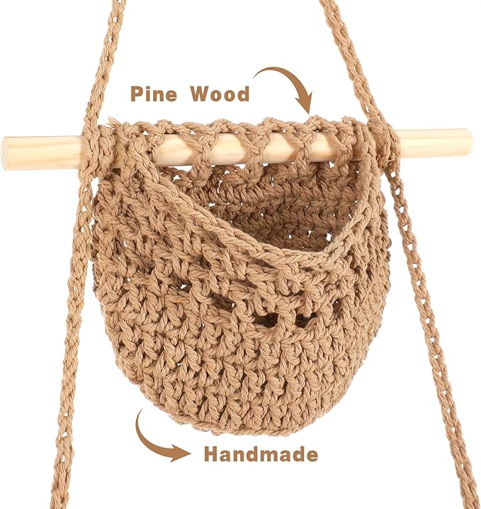 3 Tier Hanging Fruit Basket, Wall Hanging Vegetable Fruit Baskets Cotton Woven Storage Baskets for Organizing, BOHO Wall Basket Decor, Over the Door Organizer for Kitchen, Bedroom, Bathroom