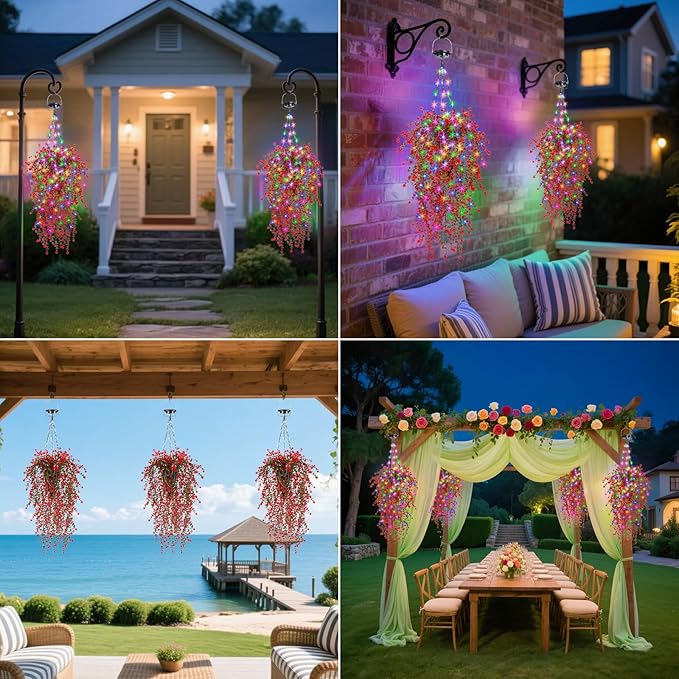 Solar Hanging Basket with Artificial Flowers: UV Resistant Fake Plants Basket with RGB Lights for Summer Decor - 2 Pack Cone Baskets with 8PCS Faux Silk Flower Flowers for Outdoor Garden Porch Patio