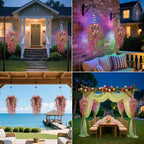 Solar Hanging Basket with Artificial Flowers: UV Resistant Fake Plants Basket with RGB Lights for Summer Decor - 2 Pack Cone Baskets with 8PCS Faux Silk Flower Flowers for Outdoor Garden Porch Patio