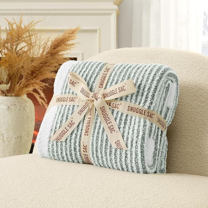 Snuggle Sac Warm Throw Blanket for Couch, Fuzzy Microfiber Knit Stripe Blankets for Couch, Sofa, Travel, Green Cream, 50x60 inches