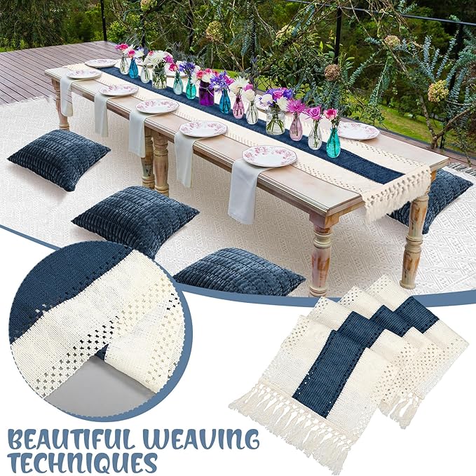 Extra Large Outdoor Boho Picnic Blanket 91'' x 71'' Blue Table Runner 6 Throw Pillow Cover Woven Cotton Yarn Oversize Beach Blanket Washable for Picnic Camp Wedding