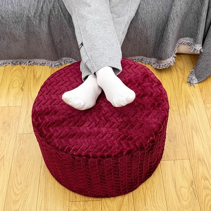 Stuffed Pouf Ottoman High Density Foam Ottoman Pouf for Living Room Bedroom Floor Storage Pouf Footstools Round Foot Rest Stool 20"x20"x12" with Foam Filler (Wine Red)